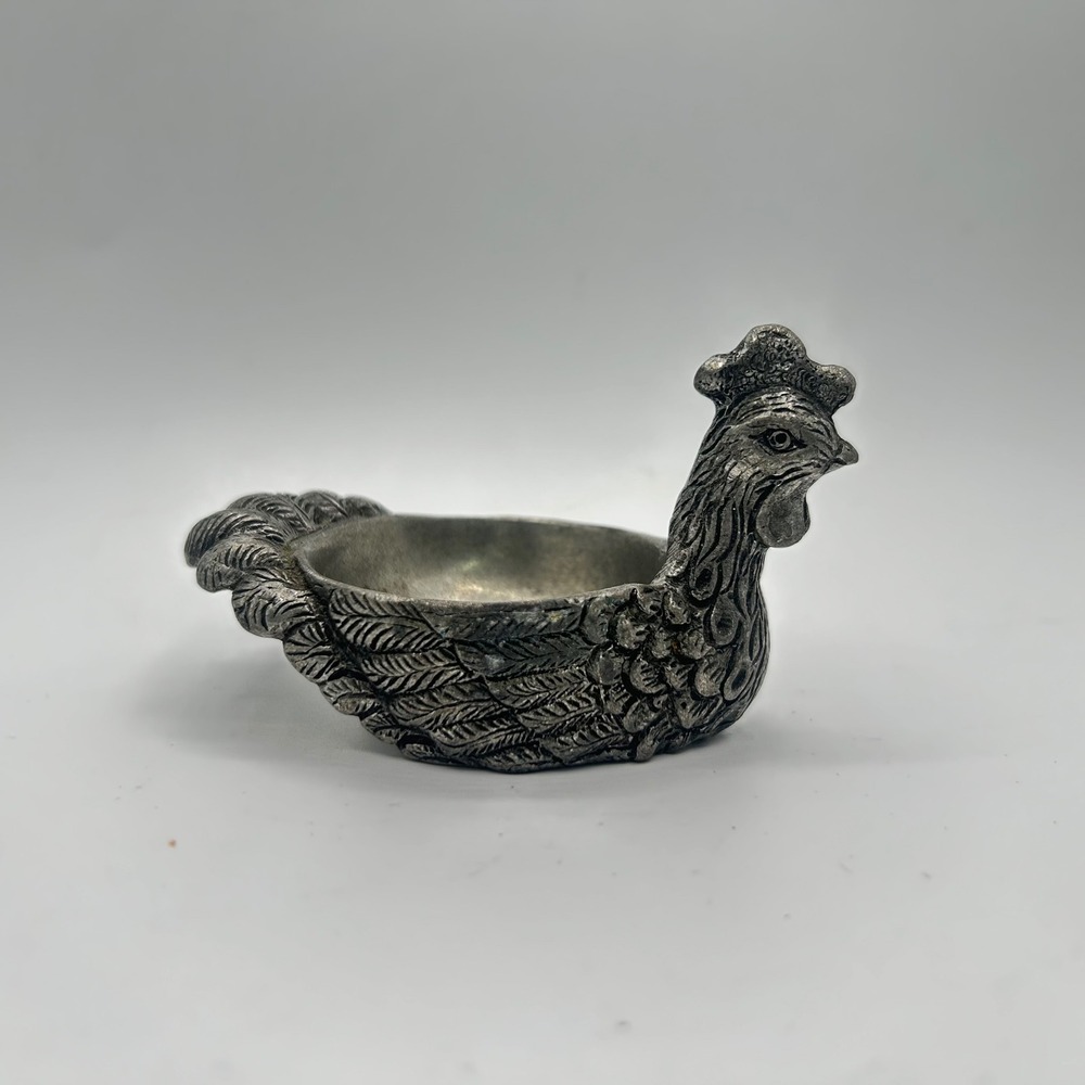 Vintage Pewter Rooster Salt Cellar Small Trinket Dish Silver Gray Excellent 95%